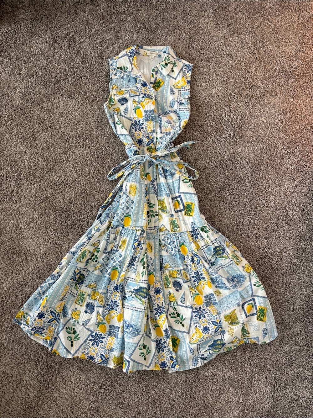 J. Crew Blue & Yellow Sleeveless Collared Midi Dress